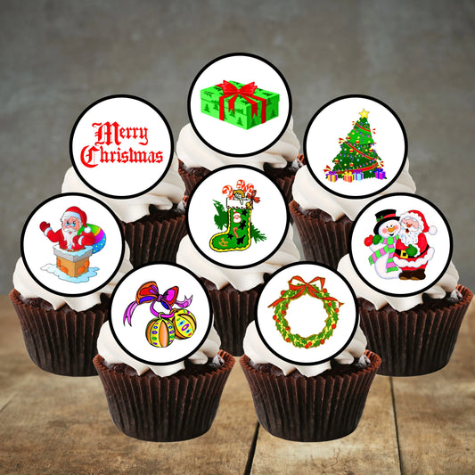 Christmas Mix Edible Cupcake Toppers on chocolate cupcakes with white frosting