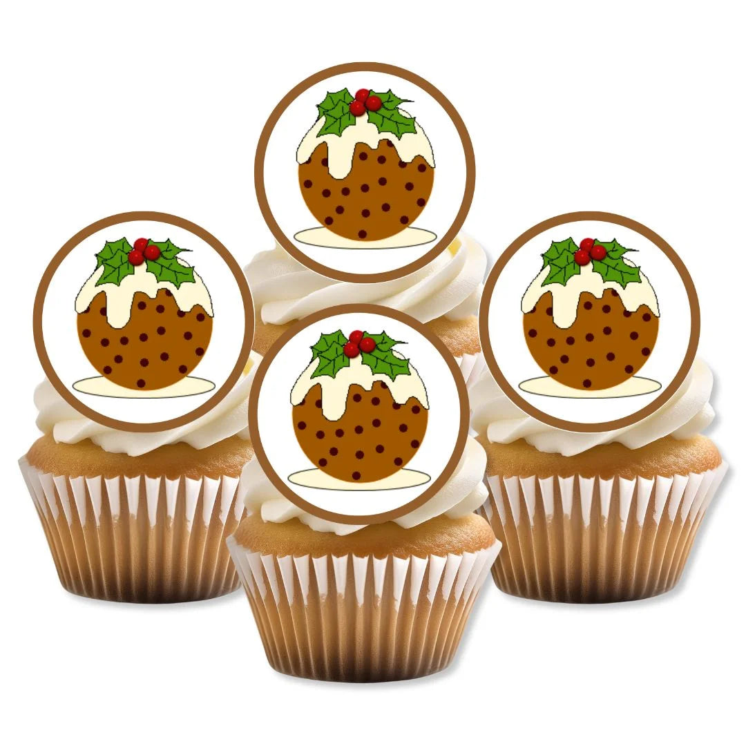 Christmas Pudding Edible Cupcake Toppers on white frosted cupcakes