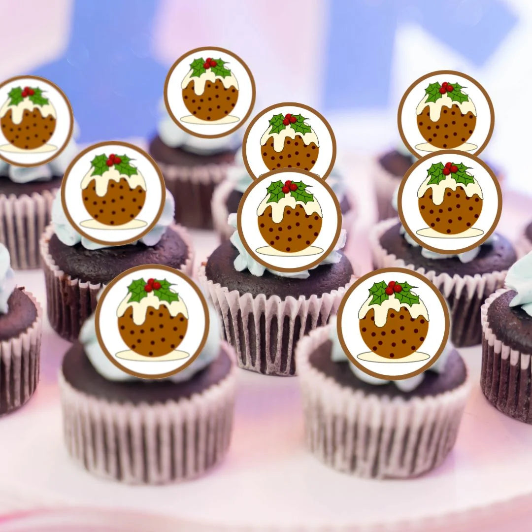 Christmas Pudding Edible Cupcake Toppers on white frosted cupcakes