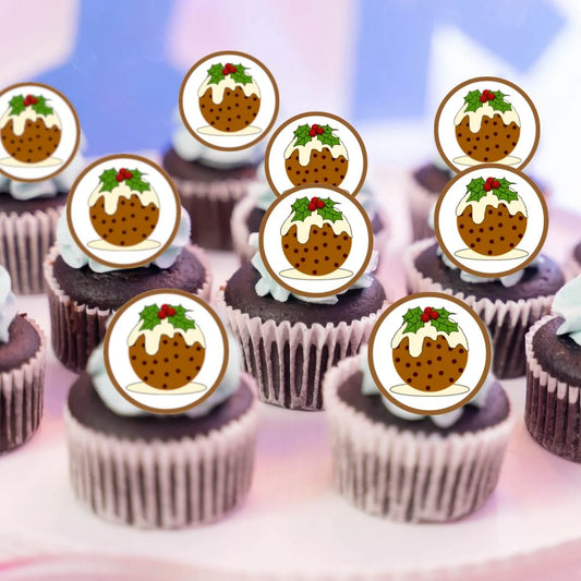 Christmas Pudding Edible Cupcake Toppers on white frosted cupcakes