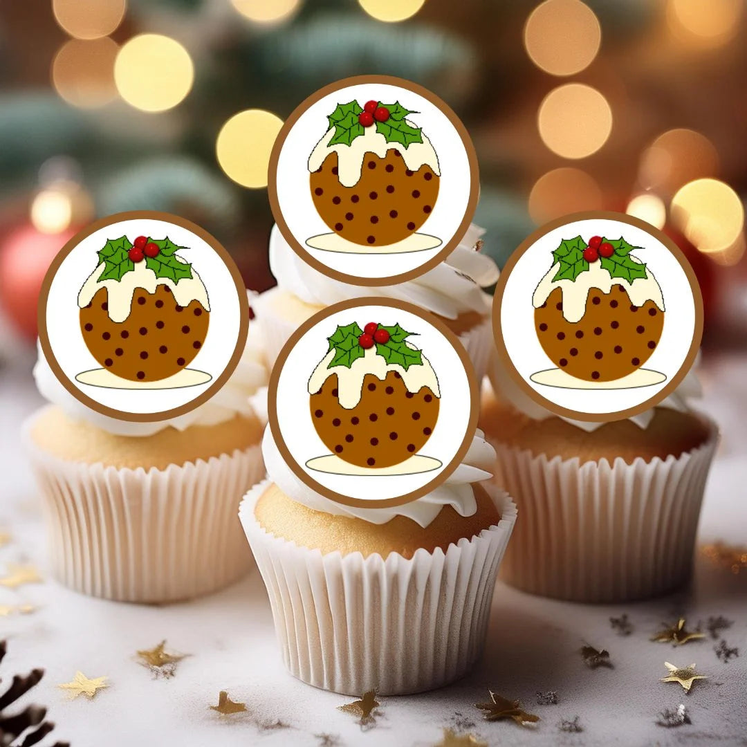 Christmas Pudding Edible Cupcake Toppers on white frosted cupcakes