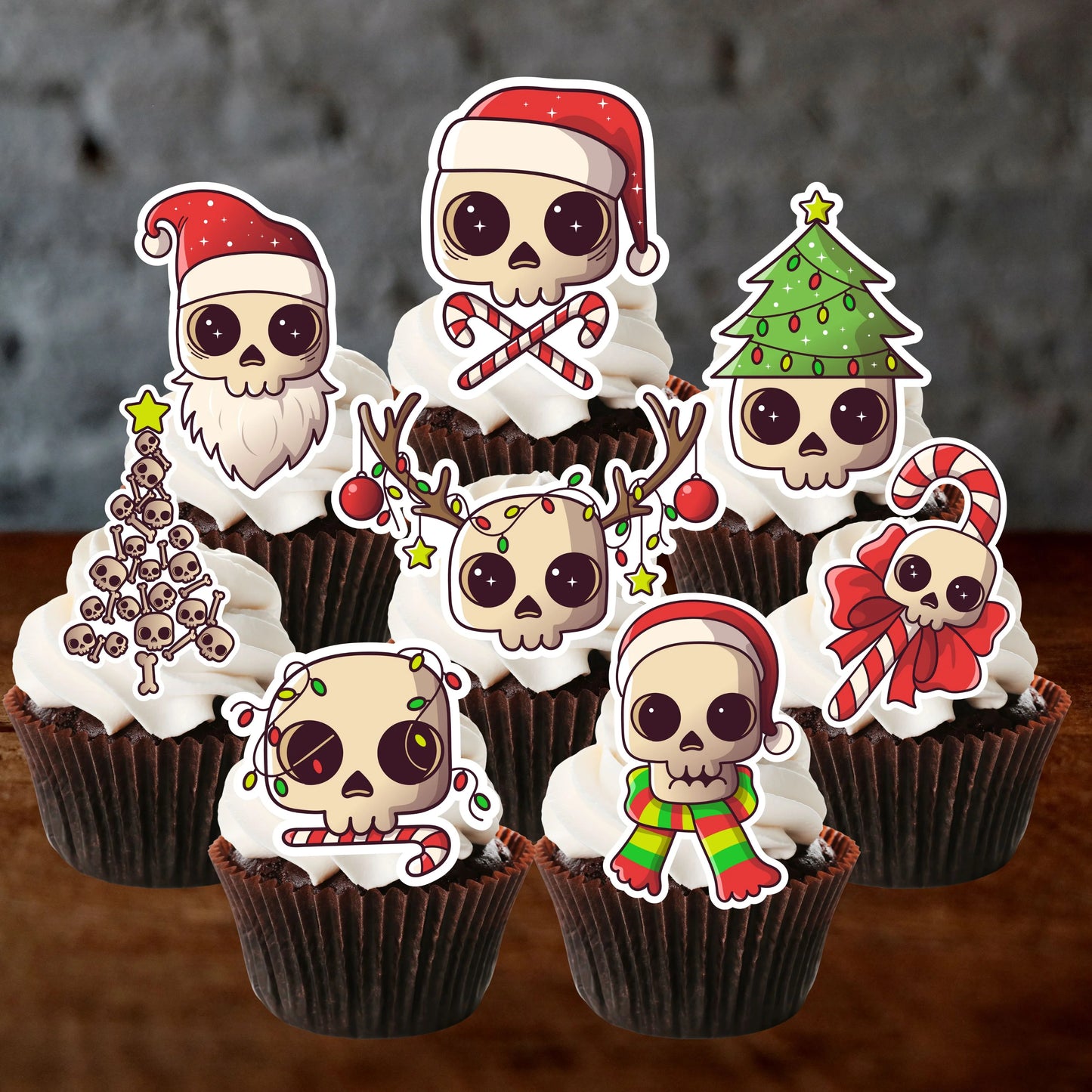 Christmas Skull Edible Cupcake Toppers on chocolate cupcakes with white frosting