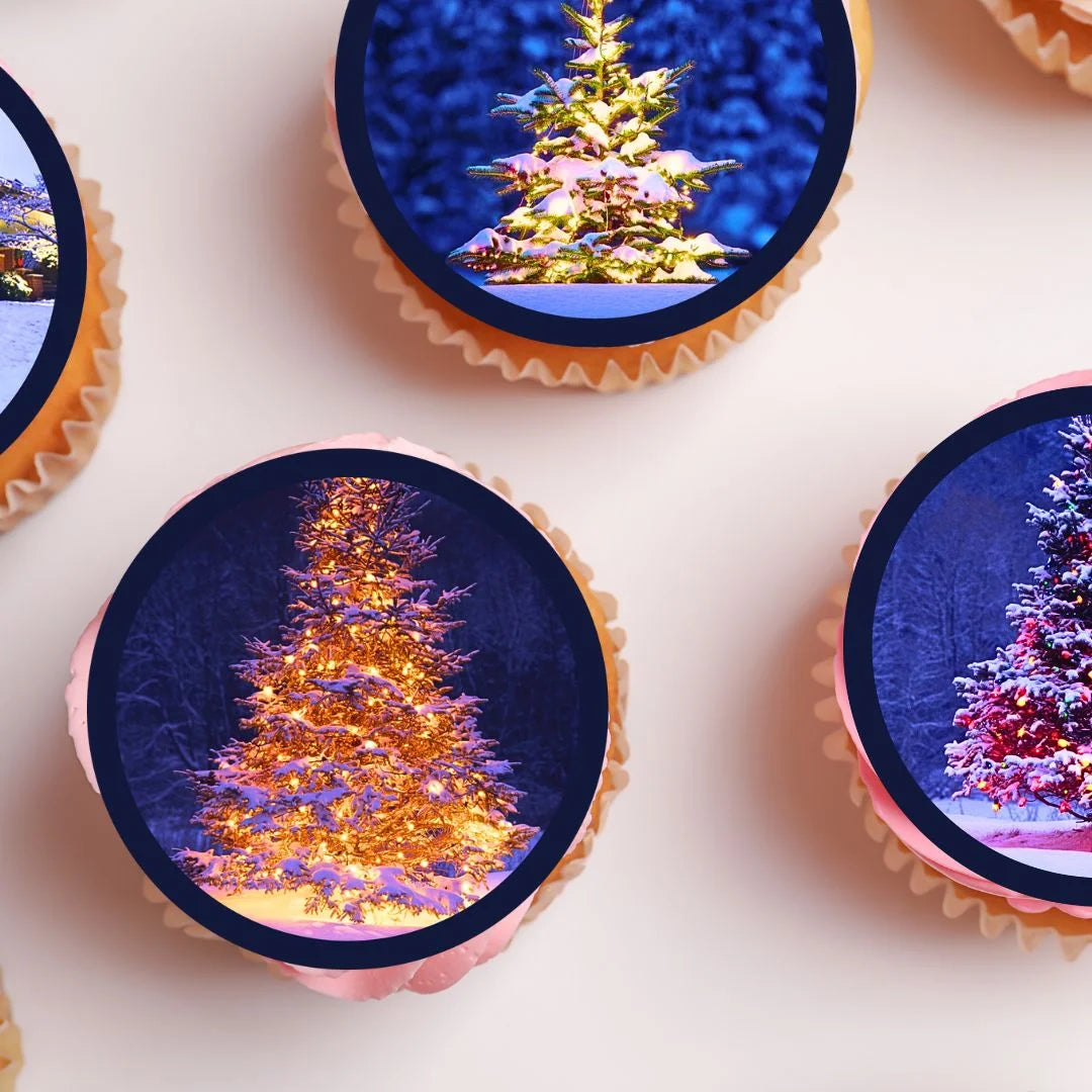 Christmas Tree Scene Edible Cupcake Toppers on pink frosted cupcakes