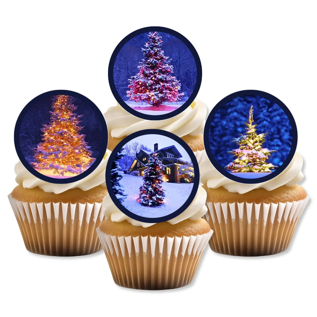 Christmas Tree Scene Edible Cupcake Toppers on white frosted cupcakes