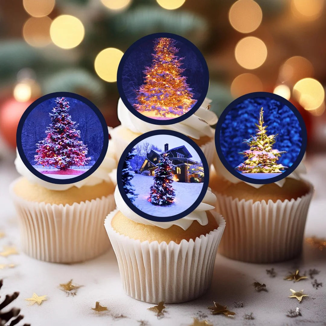 Christmas Tree Scene Edible Cupcake Toppers on white frosted cupcakes