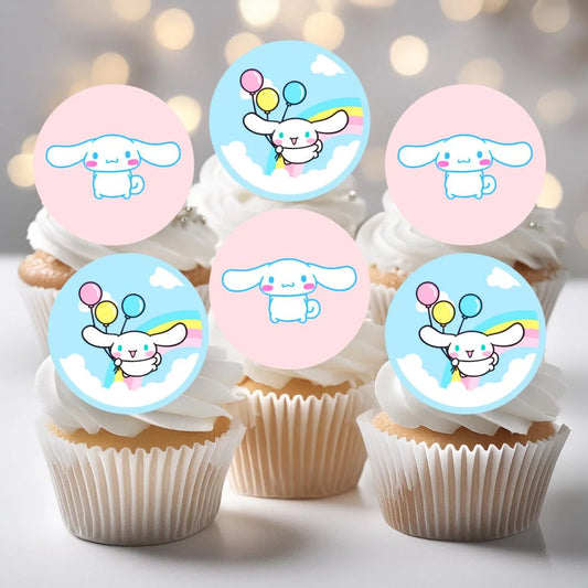 Cinnamoroll Themed Edible Cupcake Toppers pasetl cupcake toppers on white frosted cupcakes