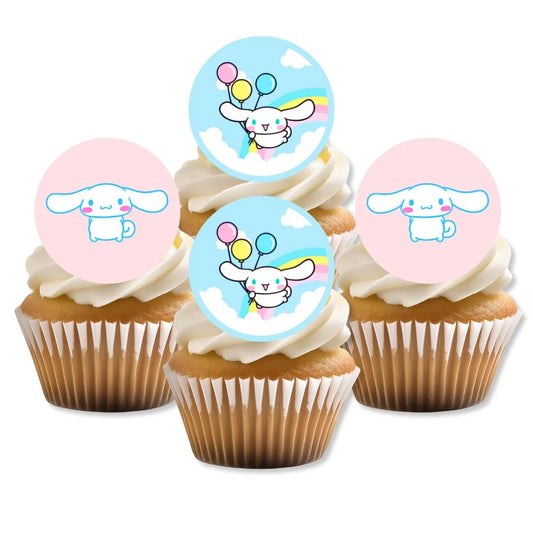 Cinnamoroll Themed Edible Cupcake Toppers pasetl cupcake toppers on white frosted cupcakes
