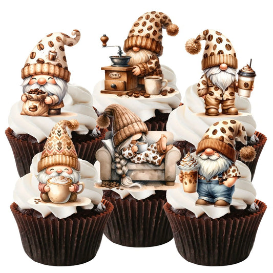 Coffee Gnomes Edible Cupcake Toppers on chocolate cupcakes with white frosting