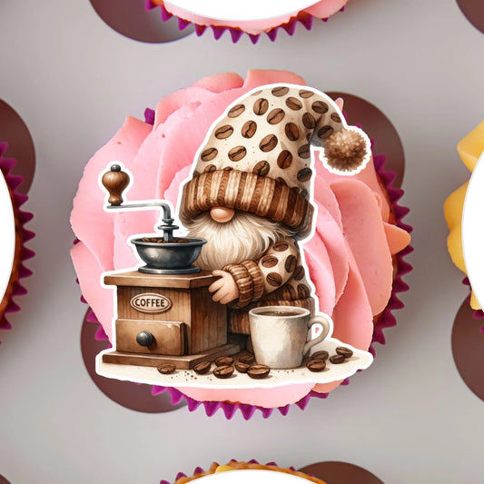 Coffee Gnomes Edible Cupcake Topper on a pink frosted cupcake