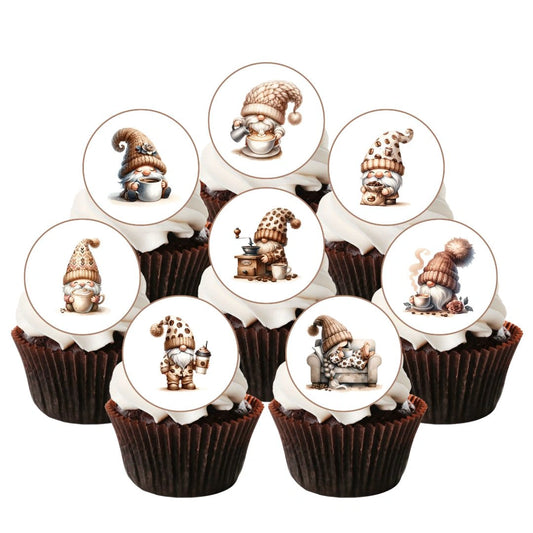 Coffee Gnomes Round Edible Cupcake Toppers on chocolate cupcakes with white frosting