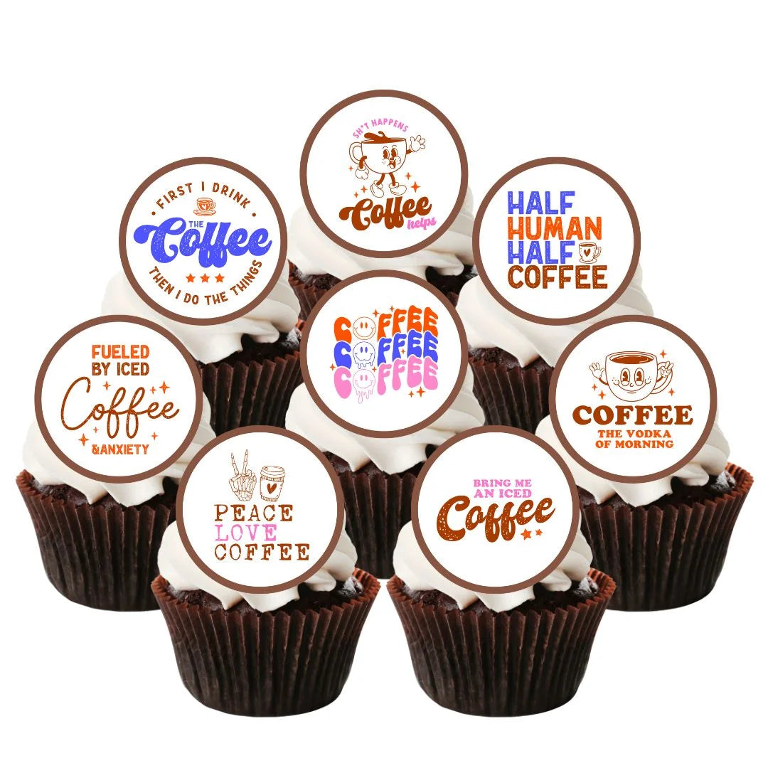Coffee themed Edible Cupcake Toppers on chocolate cupcakes with white frosting