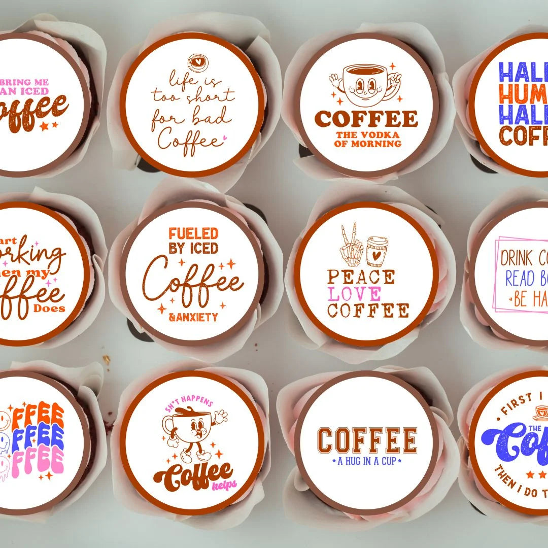 Coffee themed Edible Cupcake Toppers on chocolate cupcakes with white frosting