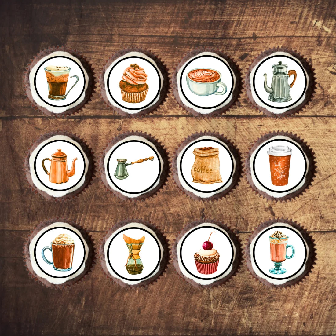 Coffee Shop Edible Cupcake Toppers on cupcakes with white frosting