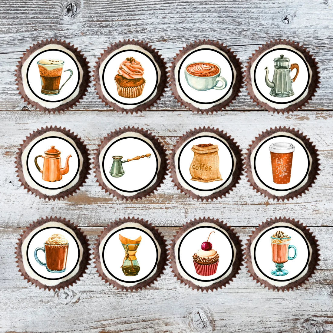 Coffee Shop Edible Cupcake Toppers on cupcakes with white frosting