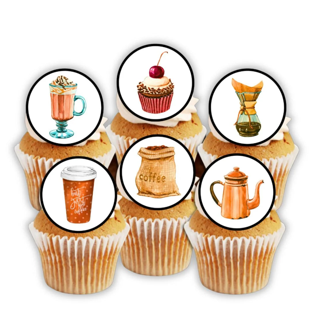 Coffee Shop Edible Cupcake Toppers on cupcakes with white frosting