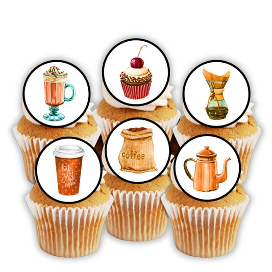 Coffee Shop Edible Cupcake Toppers on cupcakes with white frosting