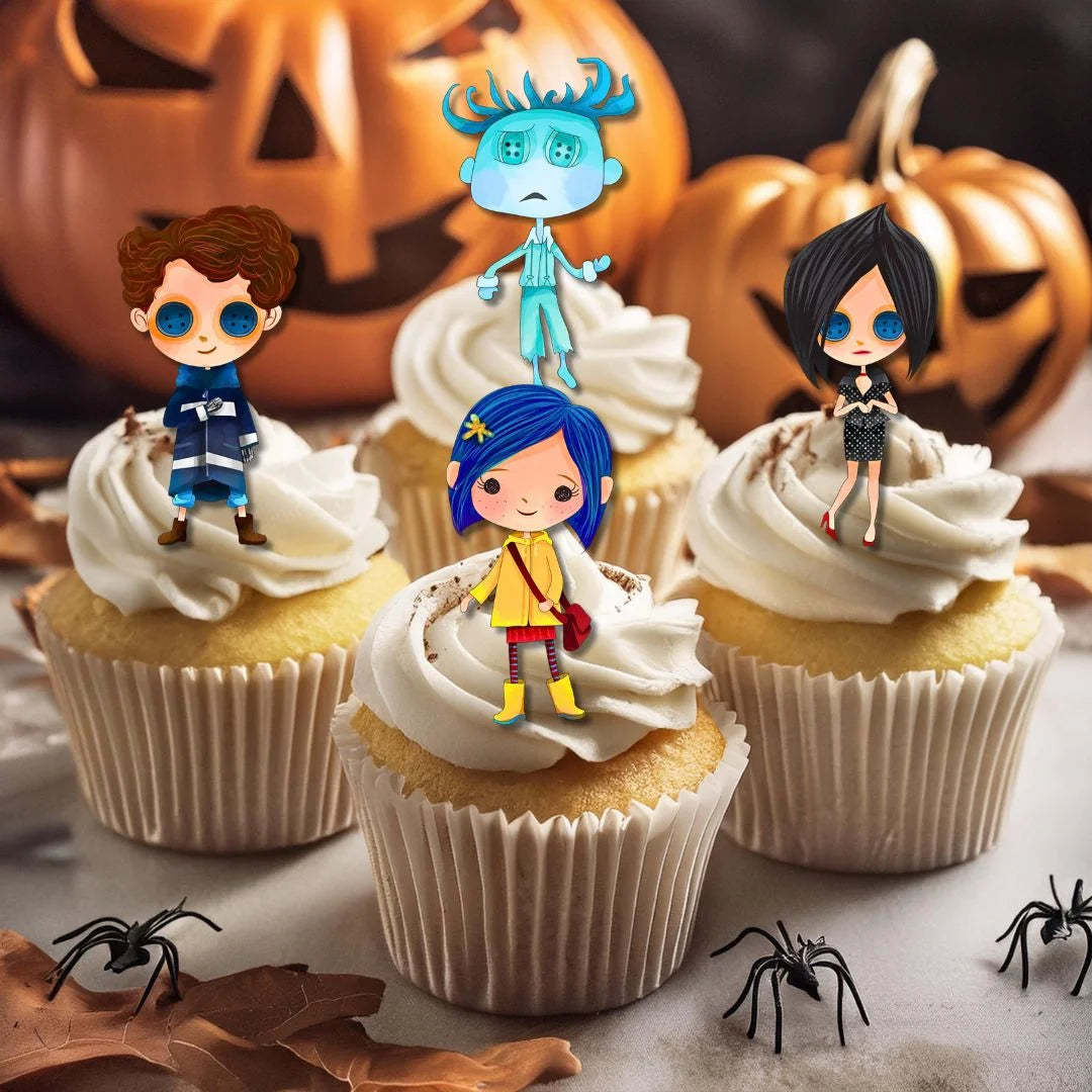 Coraline Themed Edible Cupcake Toppers on chocolate cupcakes with white frosting