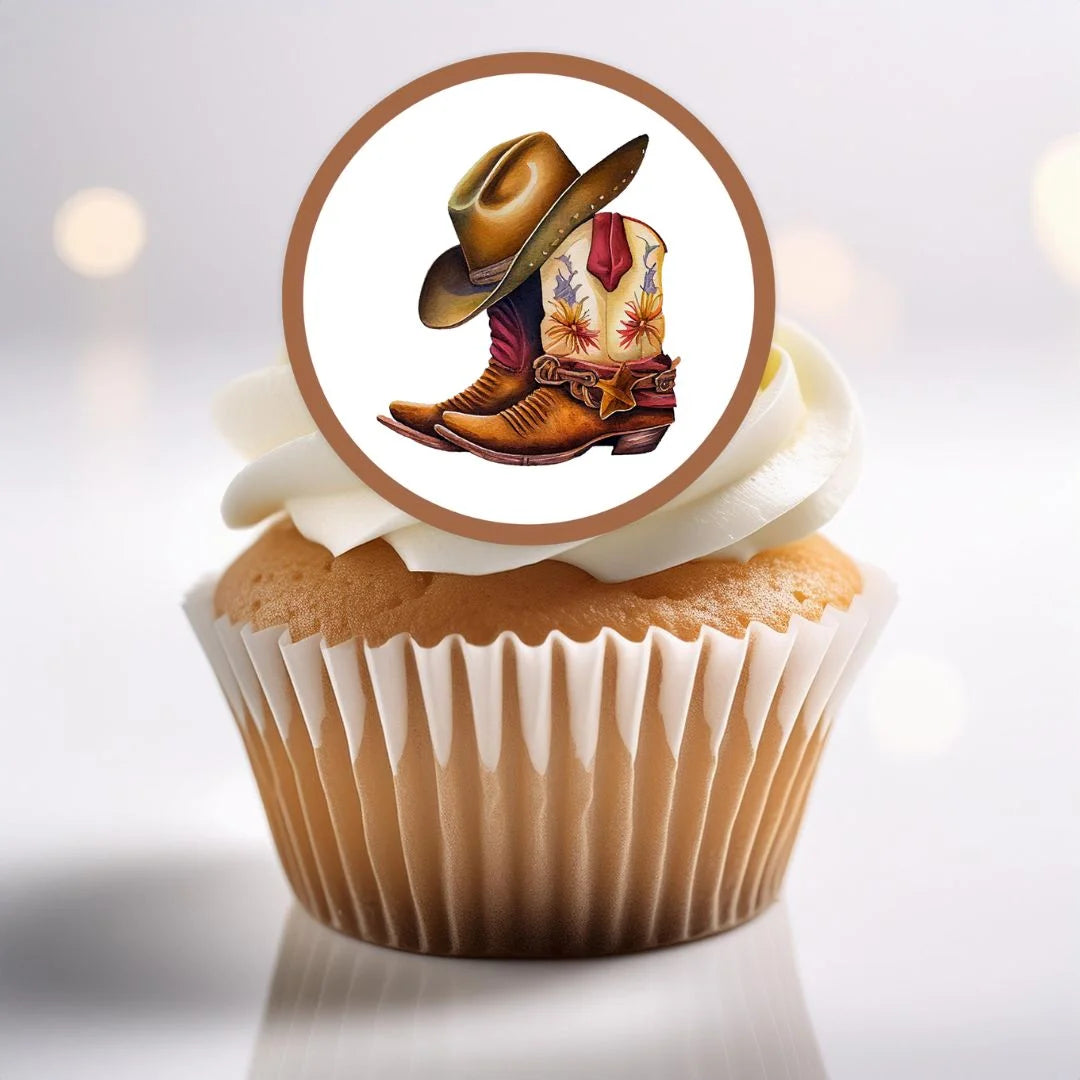 Cowboy Boots Edible Cupcake Toppers on cupcakes with white frosting