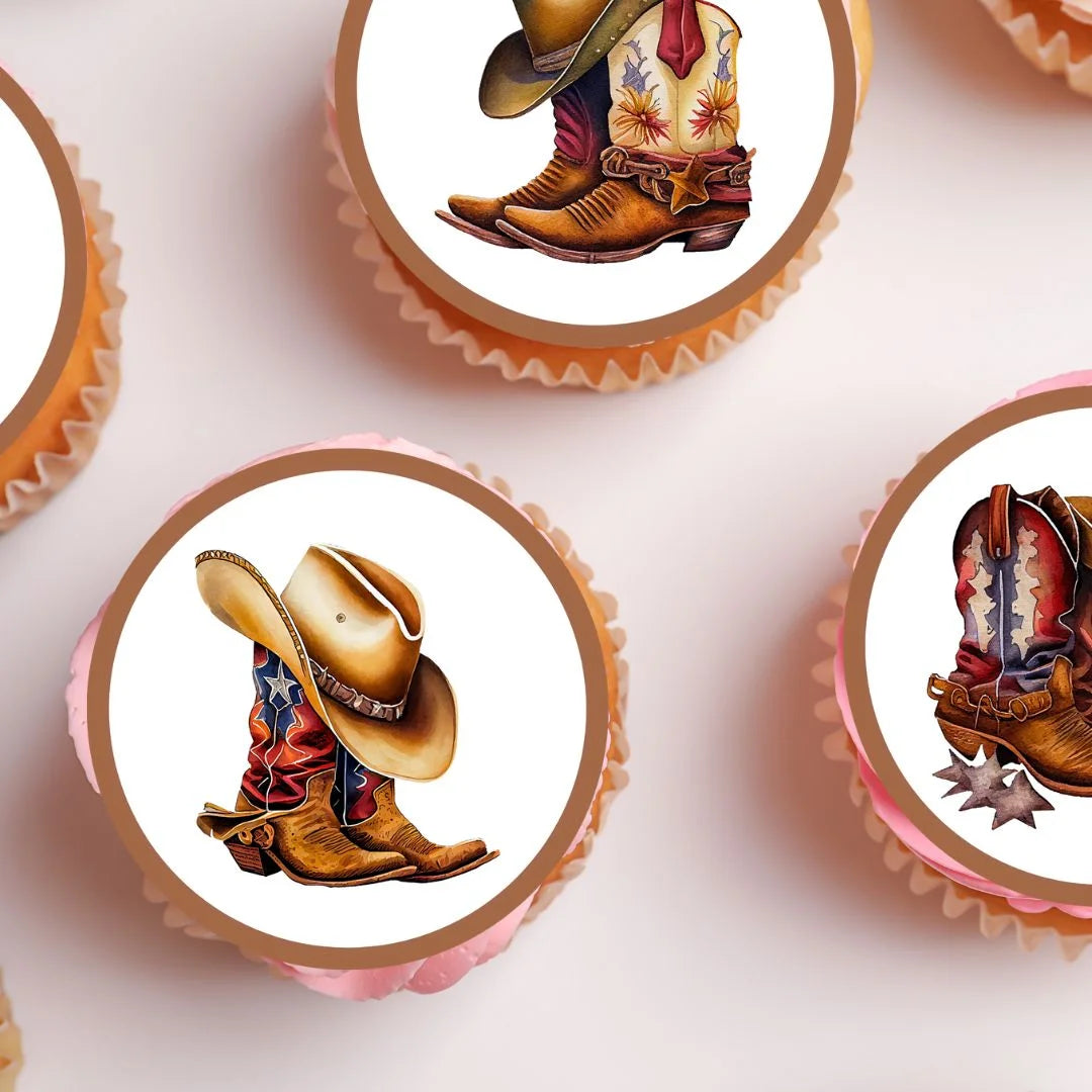 Cowboy Boots Edible Cupcake Toppers on cupcakes with white frosting