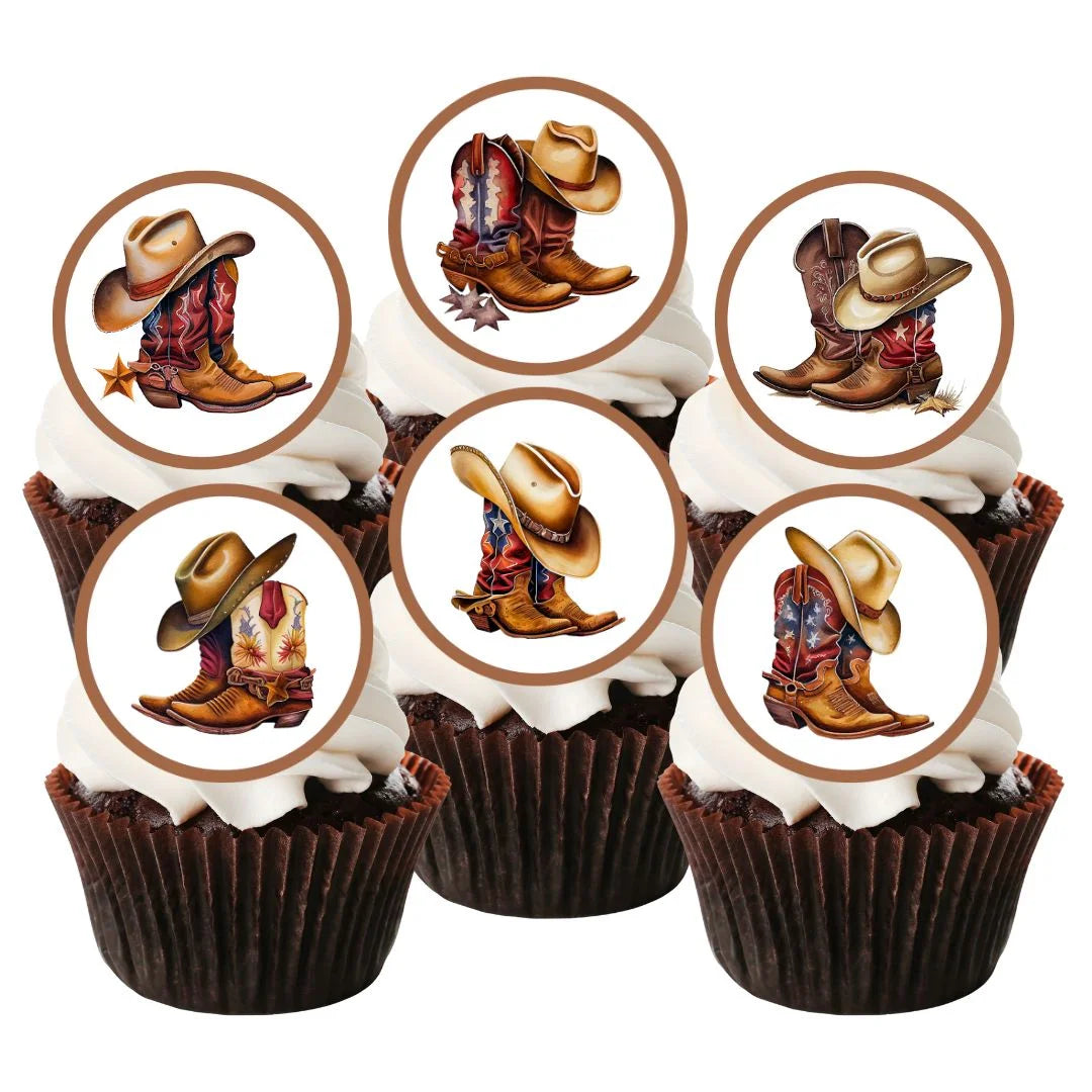 Cowboy Boots Edible Cupcake Toppers on cupcakes with white frosting