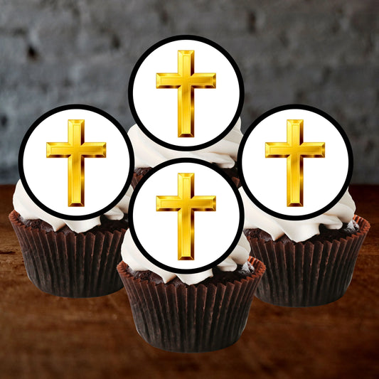 Christian Cross Edible Cupcake Toppers on cupcakes with white frosting