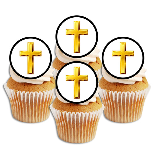 Christian Cross Edible Cupcake Toppers on cupcakes with white frosting