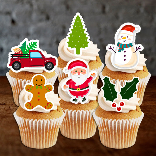 Cute Christmas Cupcake Toppers on white frosted cupcakes
