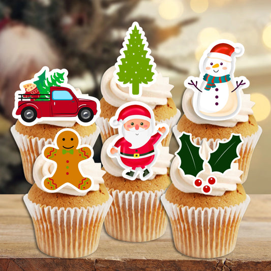 Cute Christmas Cupcake Toppers on white frosted cupcakes