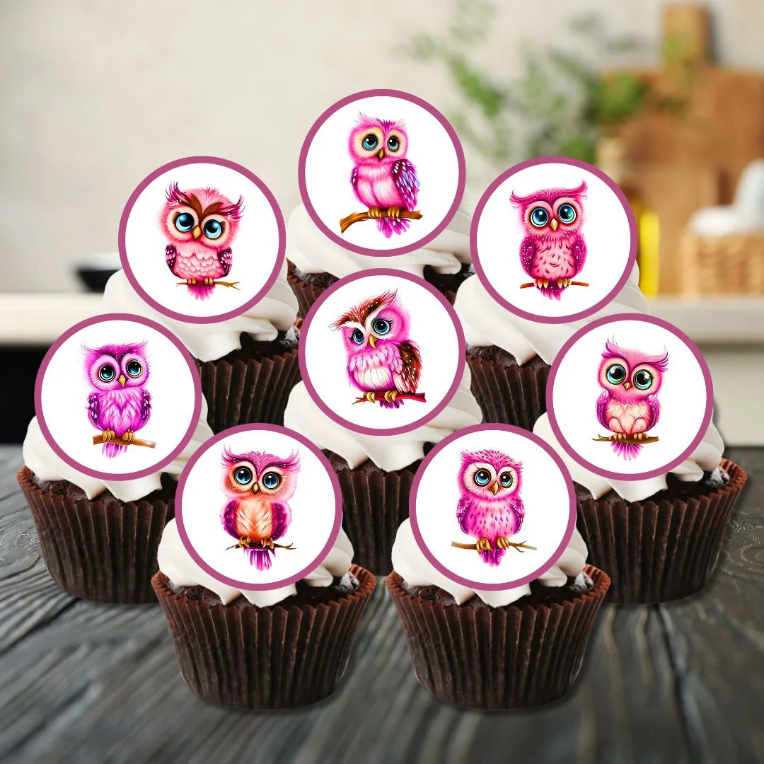 cupcakes with white frosting and illustrated cute pink owl cupcake toppers.