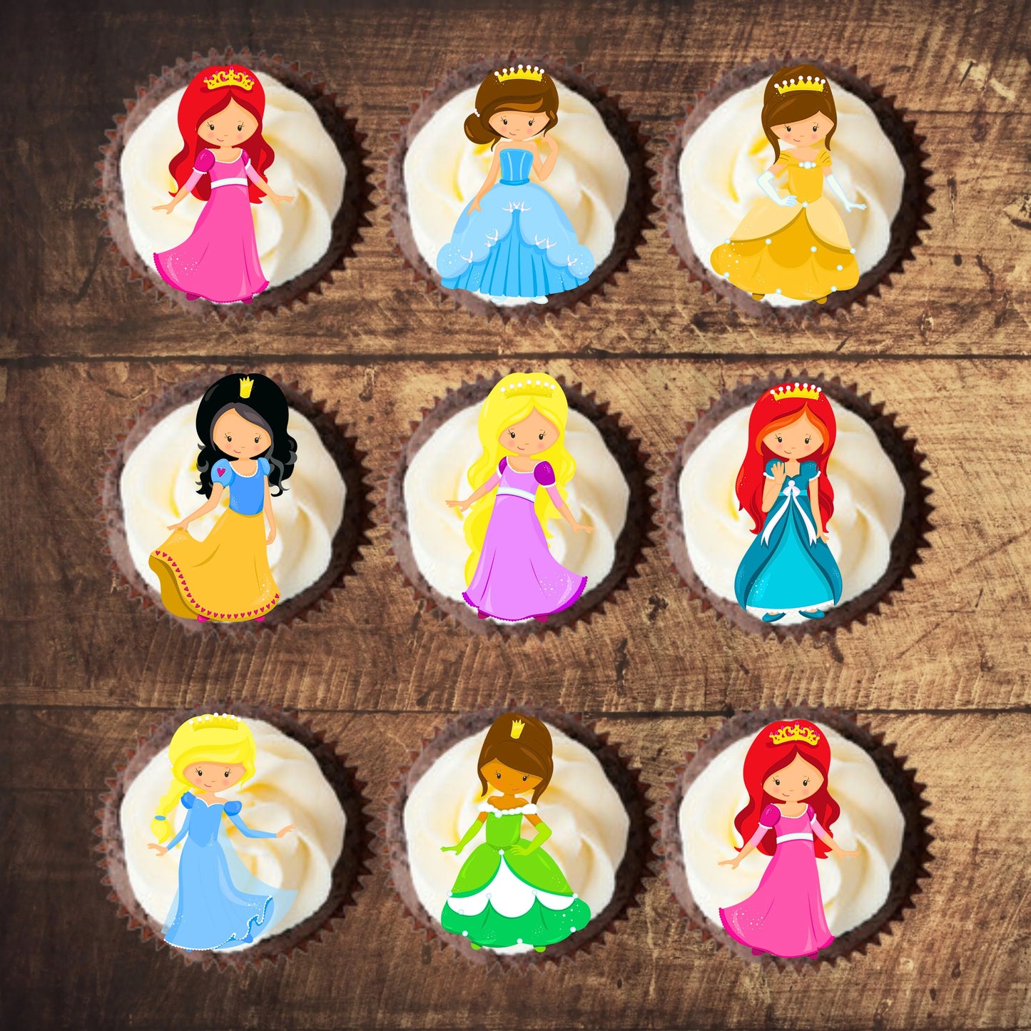 Princess Theme Edible Cupcake Toppers on chocolate cupcakes with white frosting