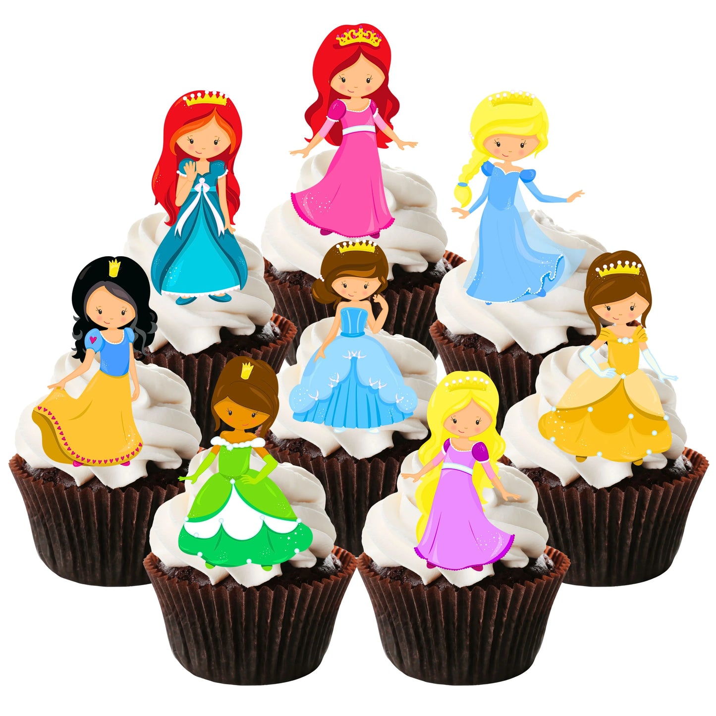 Princess Theme Edible Cupcake Toppers on chocolate cupcakes with white frosting