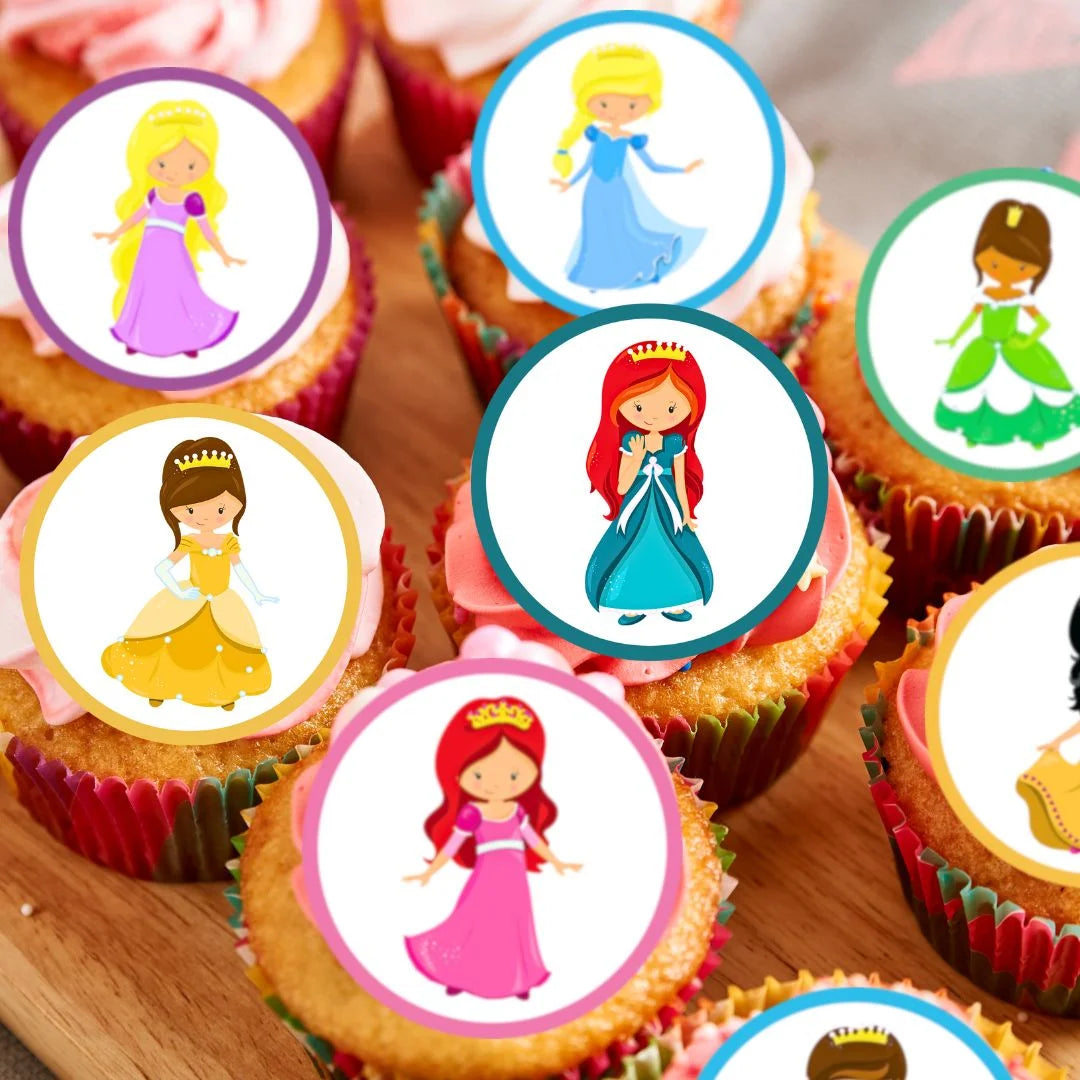 Cute Princess Round Edible Cupcake Toppers on cupcakes rainbow frosting