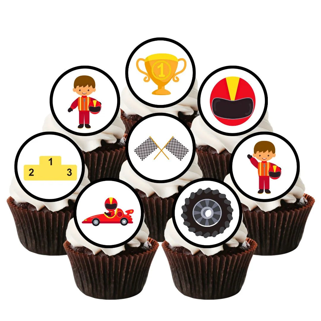 Race Cars Theme Edible Cupcake Toppers on chocolate cupcakes with white frosting