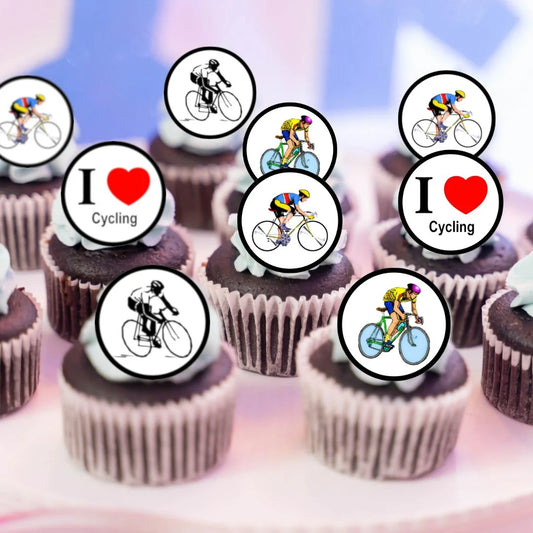 Cycling Theme Edible Cupcake Toppers on chocolate frosted cupcakes