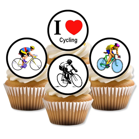 Cycling Theme Edible Cupcake Toppers on white frosted cupcakes