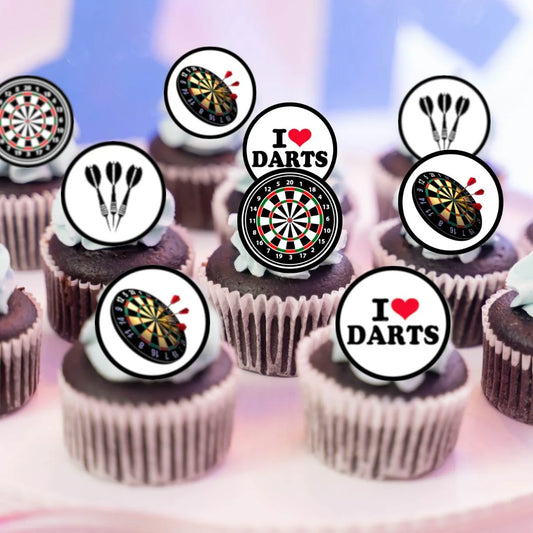 Darts Themed Edible Cupcake Toppers featuring dartboards, darts and I love darts slogans. The toppers are placed on chocolate cupcakes with white frosting