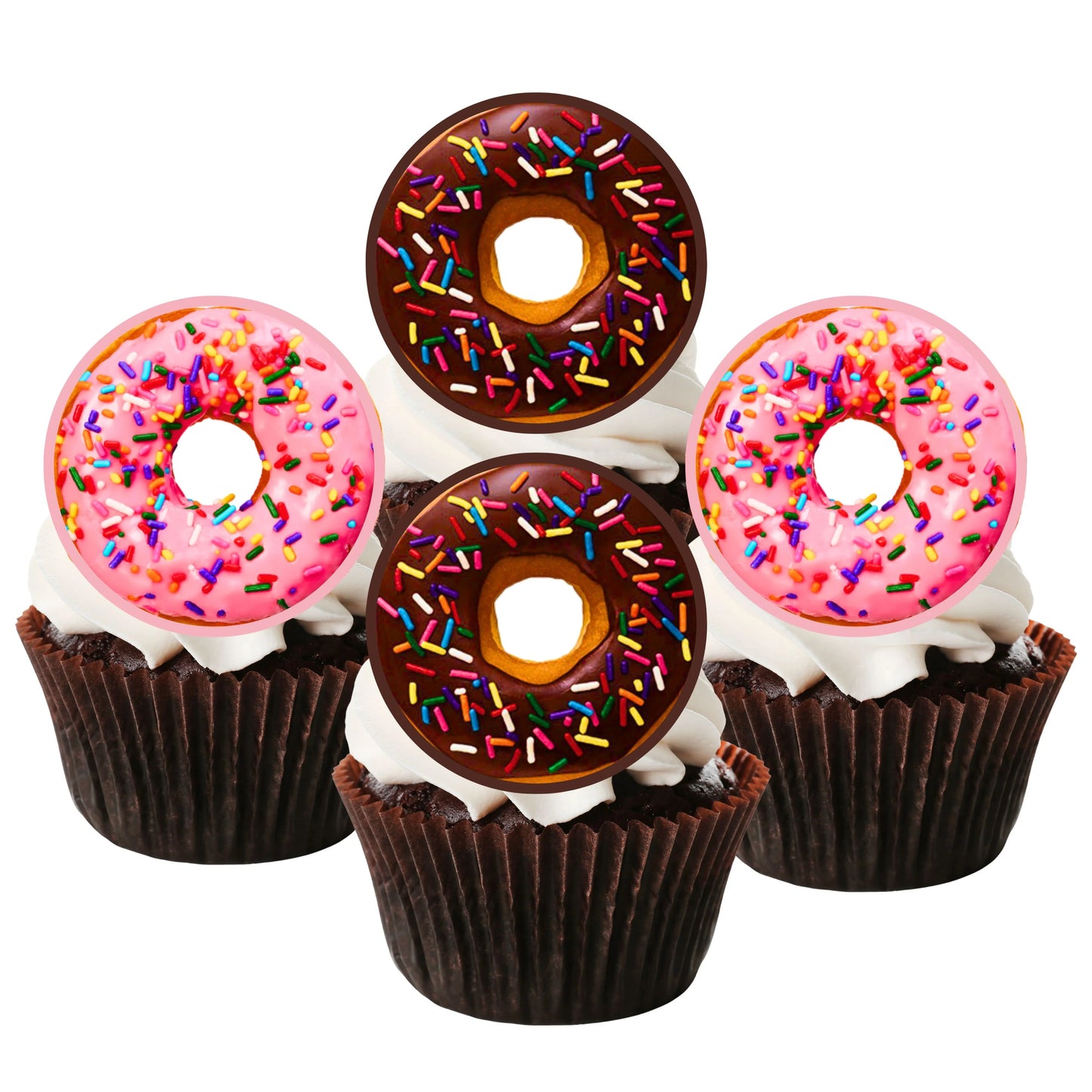 pink and chocolate Donut theme Edible Cupcake Toppers on white frosted cupcakes