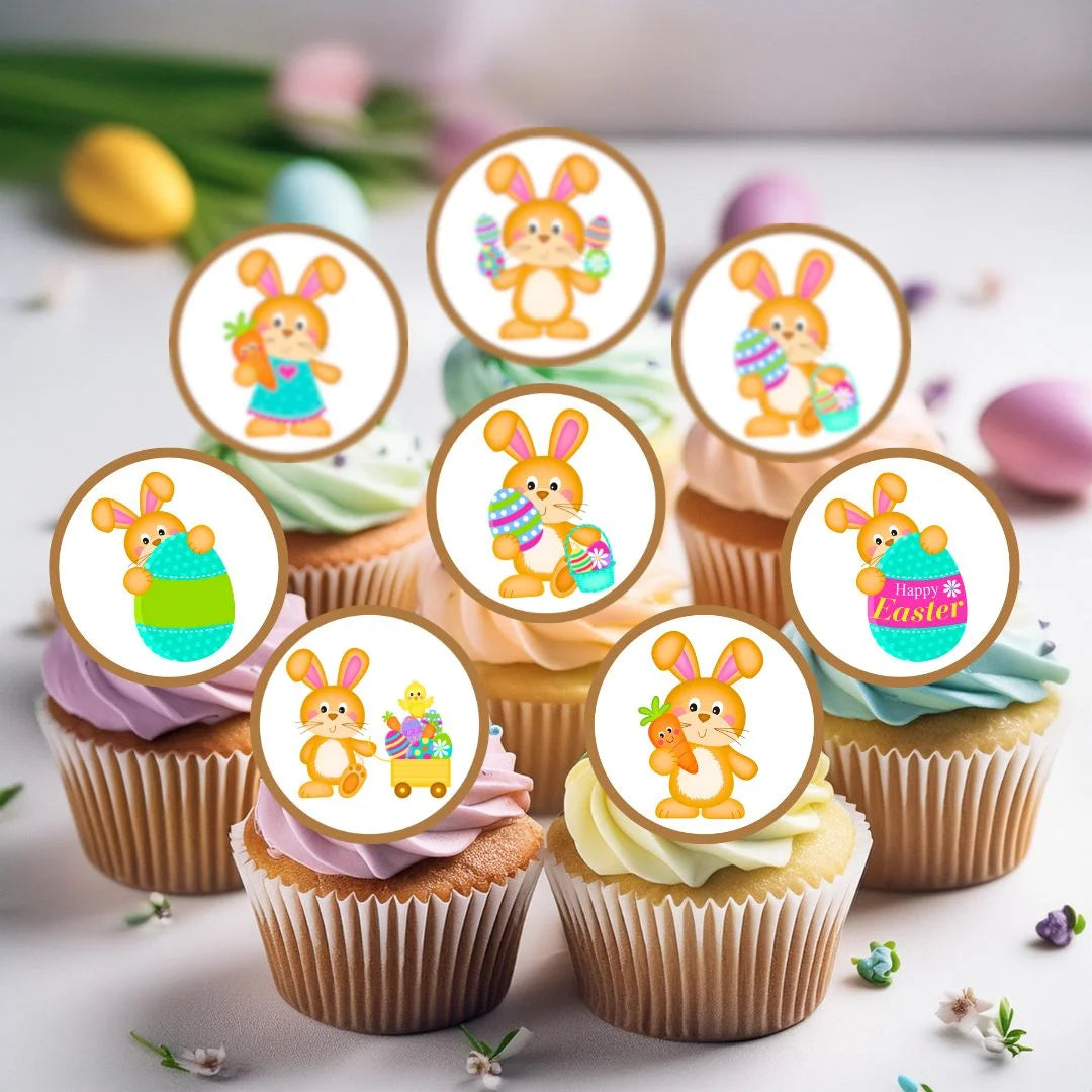 Easter Bunny Edible Cupcake Toppers on cupcakes with rainbow frosting