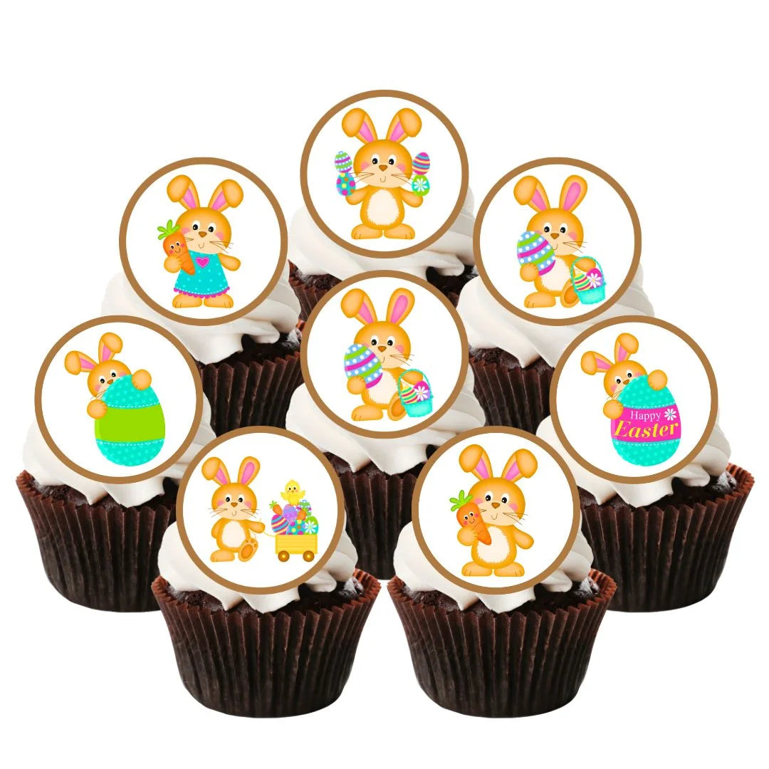 Easter Bunny Edible Cupcake Toppers on chocolate cupcakes with white frosting
