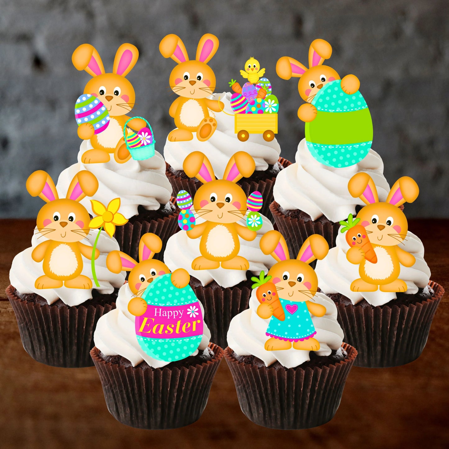 Easter Bunnies Edible Cupcake Toppers on chocolate cupcakes with white frosting