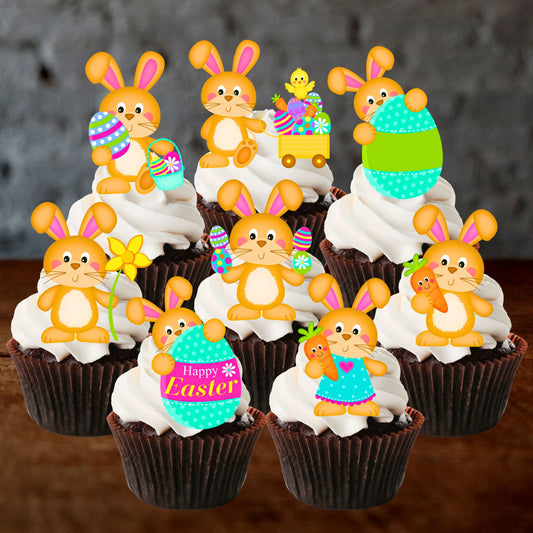 Easter Bunnies Edible Cupcake Toppers on chocolate cupcakes with white frosting