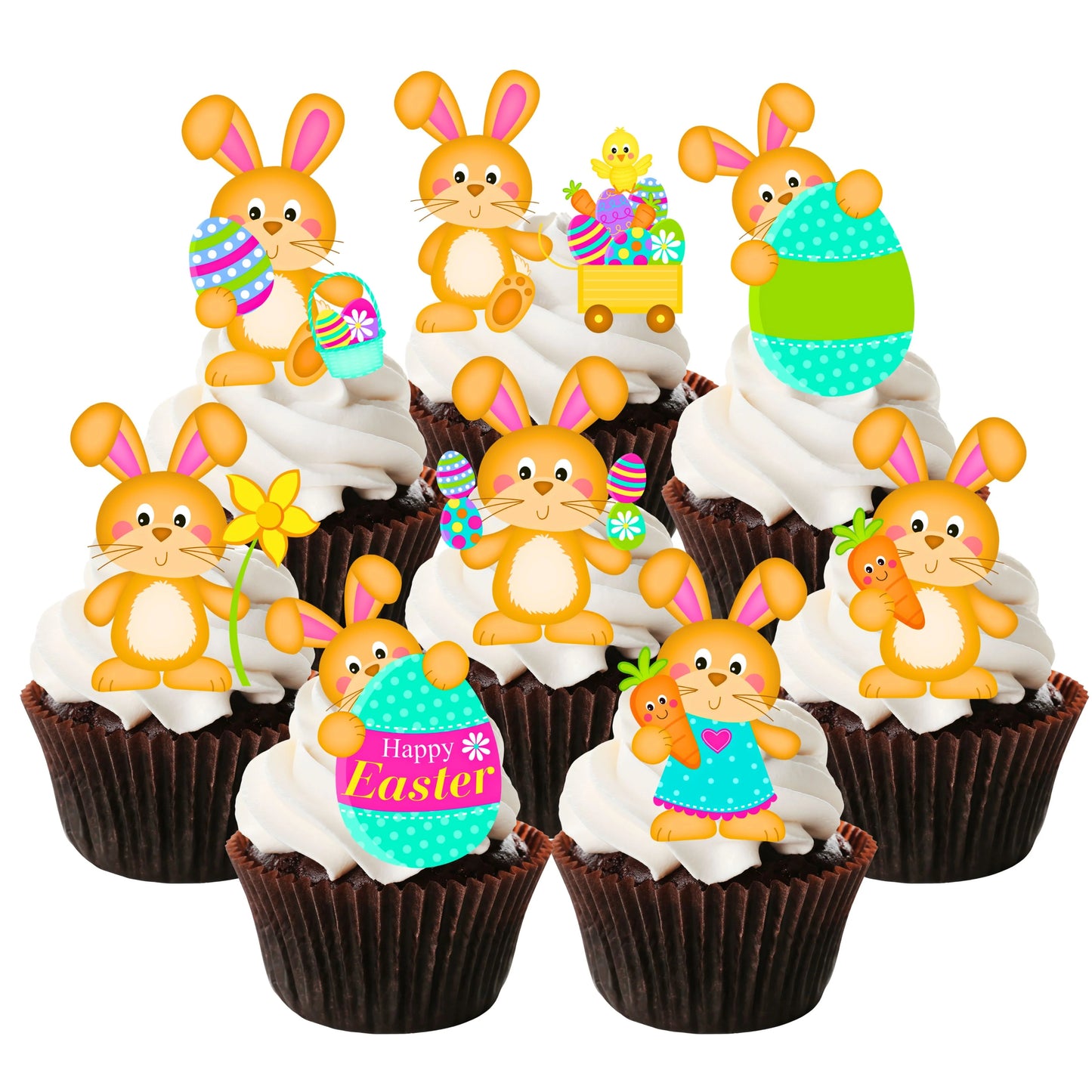 Easter Bunnies Edible Cupcake Toppers on chocolate cupcakes with white frosting