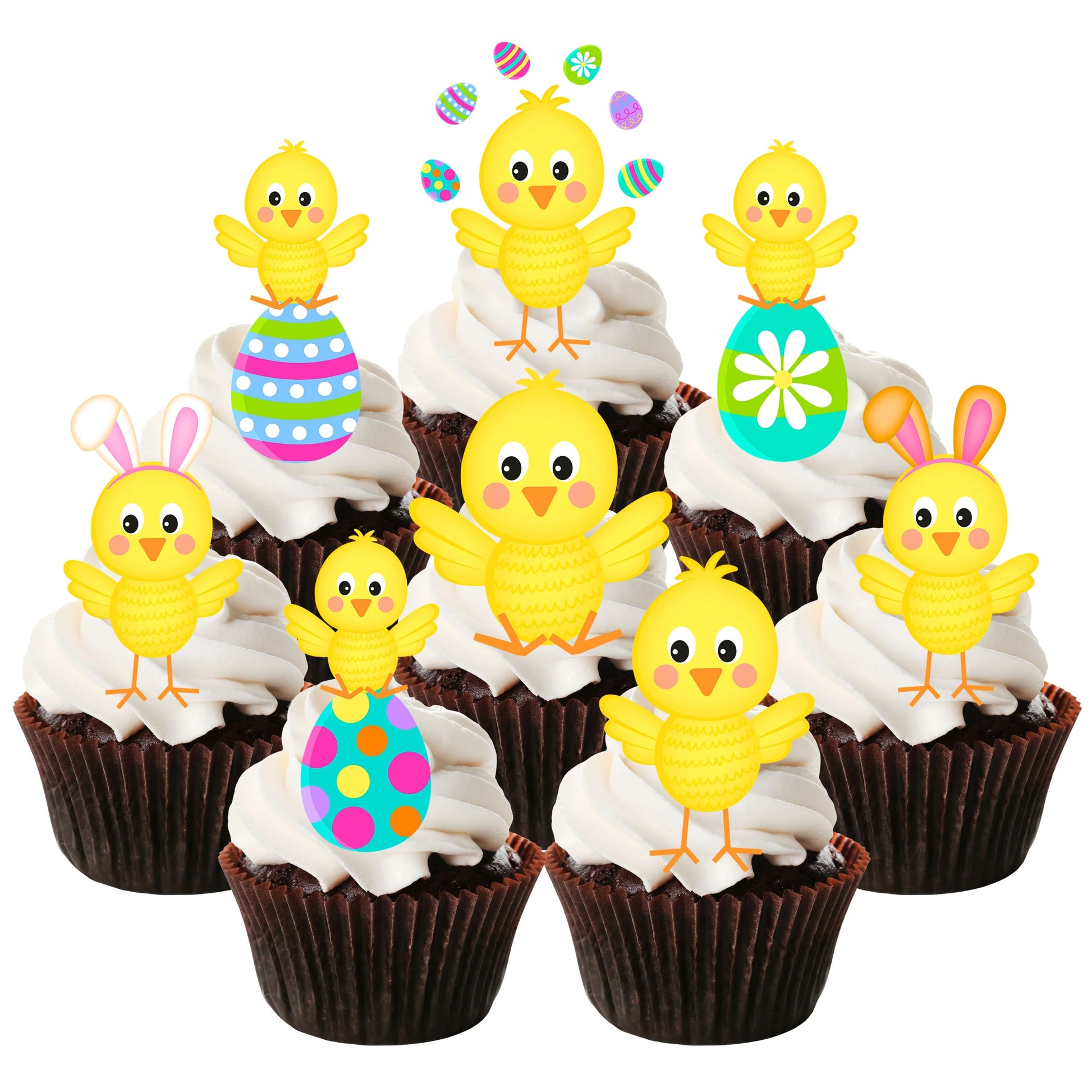 Easter Chicks Edible Cupcake Toppers on chocolate cupcakes with white frosting