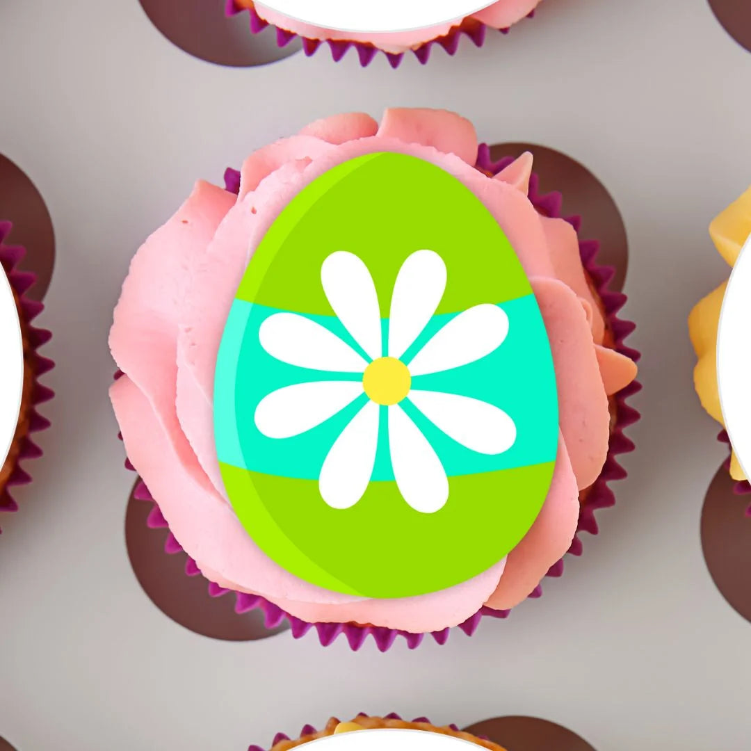 close up of Easter Eggs Theme Edible Cupcake Topper on cupcake with pink frosting