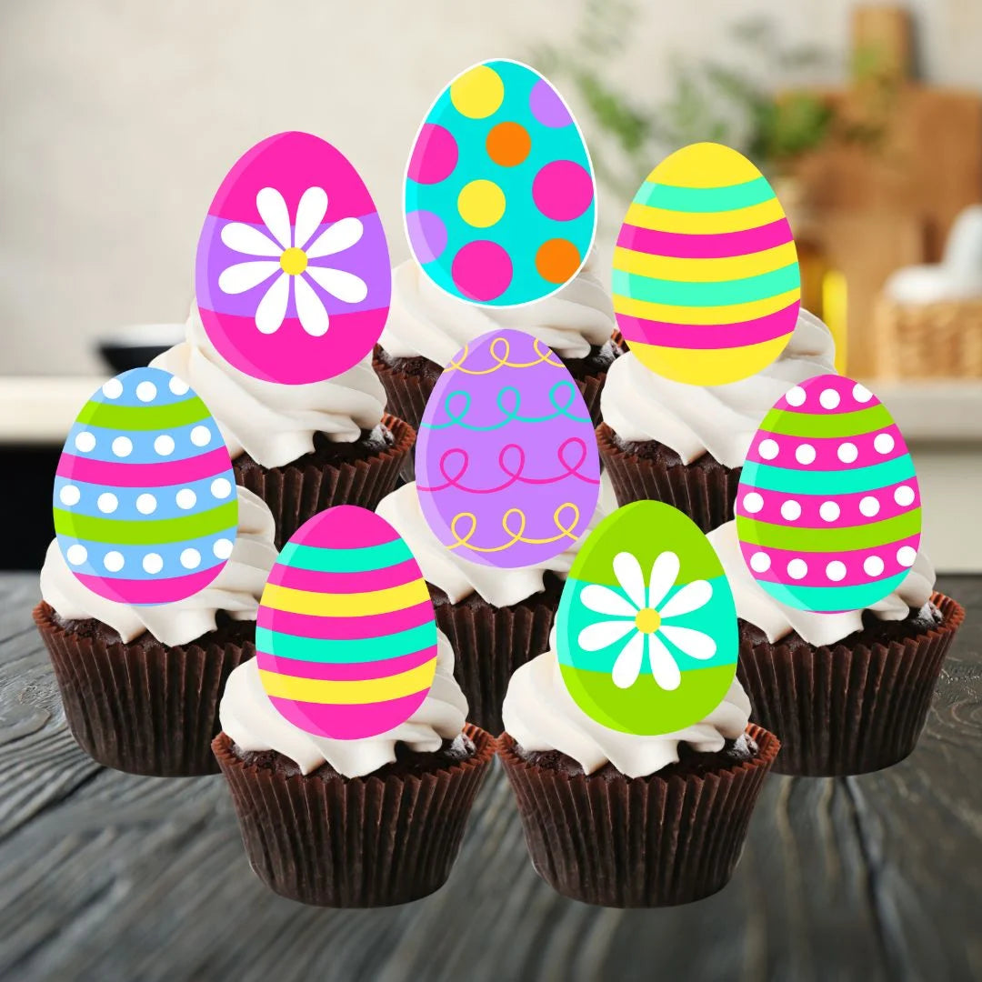 Easter Eggs Theme Edible Cupcake Toppers on chocolate cupcakes with white frosting