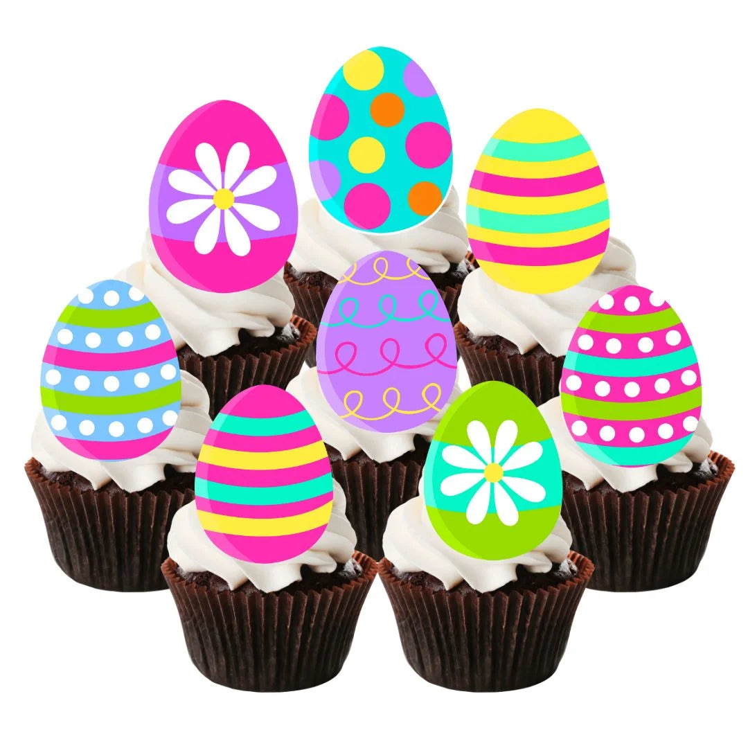 Easter Eggs Theme Edible Cupcake Toppers on chocolate cupcakes with white frosting