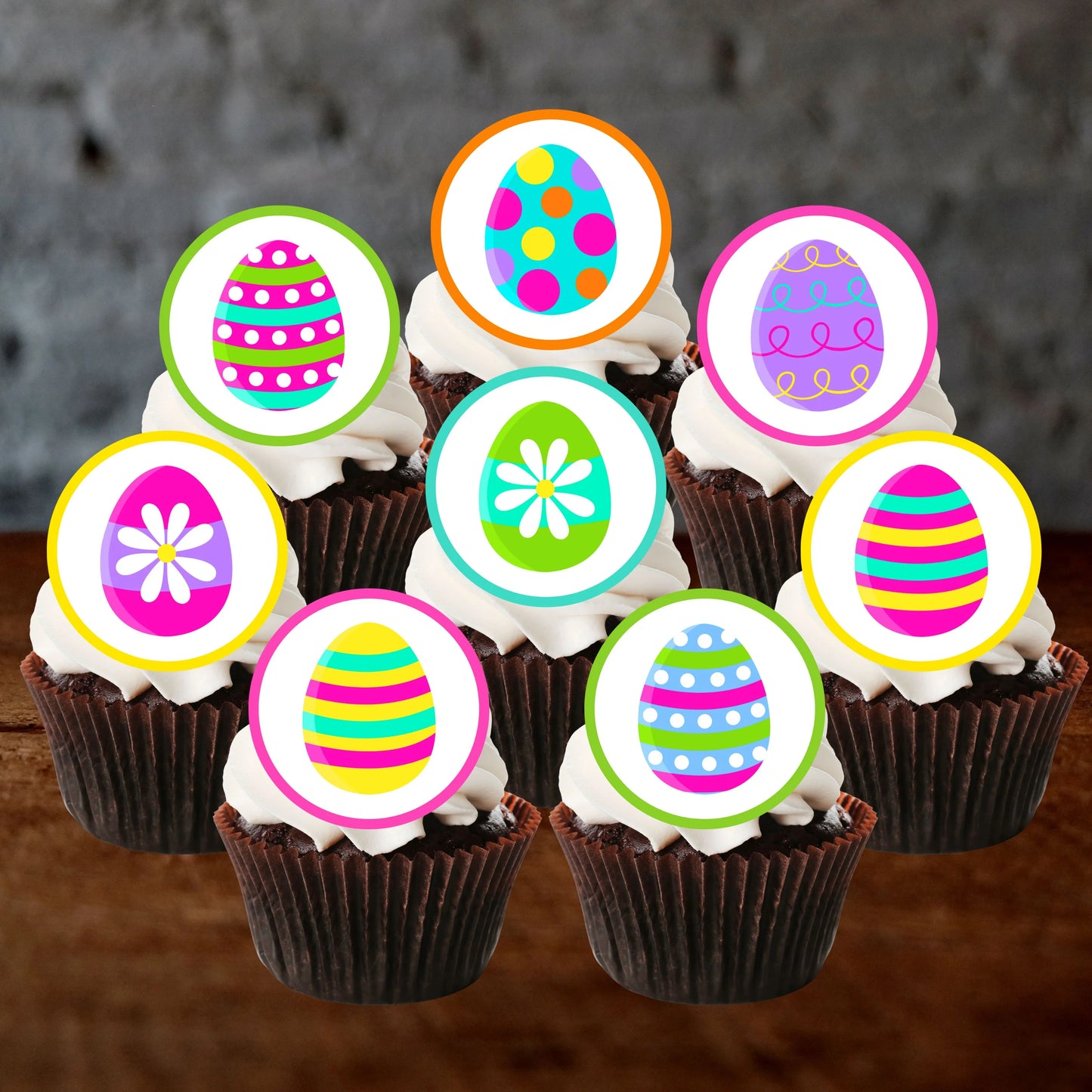 Easter Eggs Edible Cupcake Toppers on chocolate cupcakes with white frosting