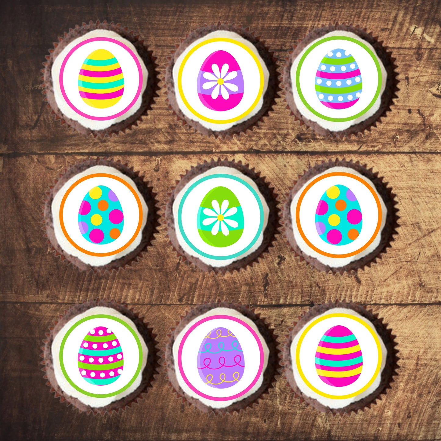 Easter Eggs Edible Cupcake Toppers on chocolate cupcakes with white frosting