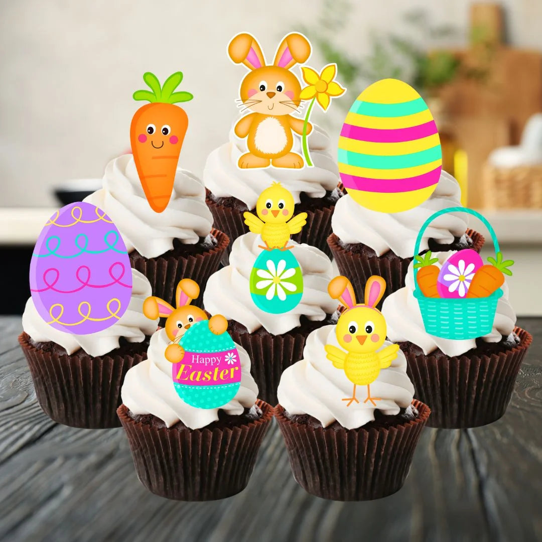 Cute Easter Mix Edible Cupcake Toppers on chocolate cupcakes with white frosting