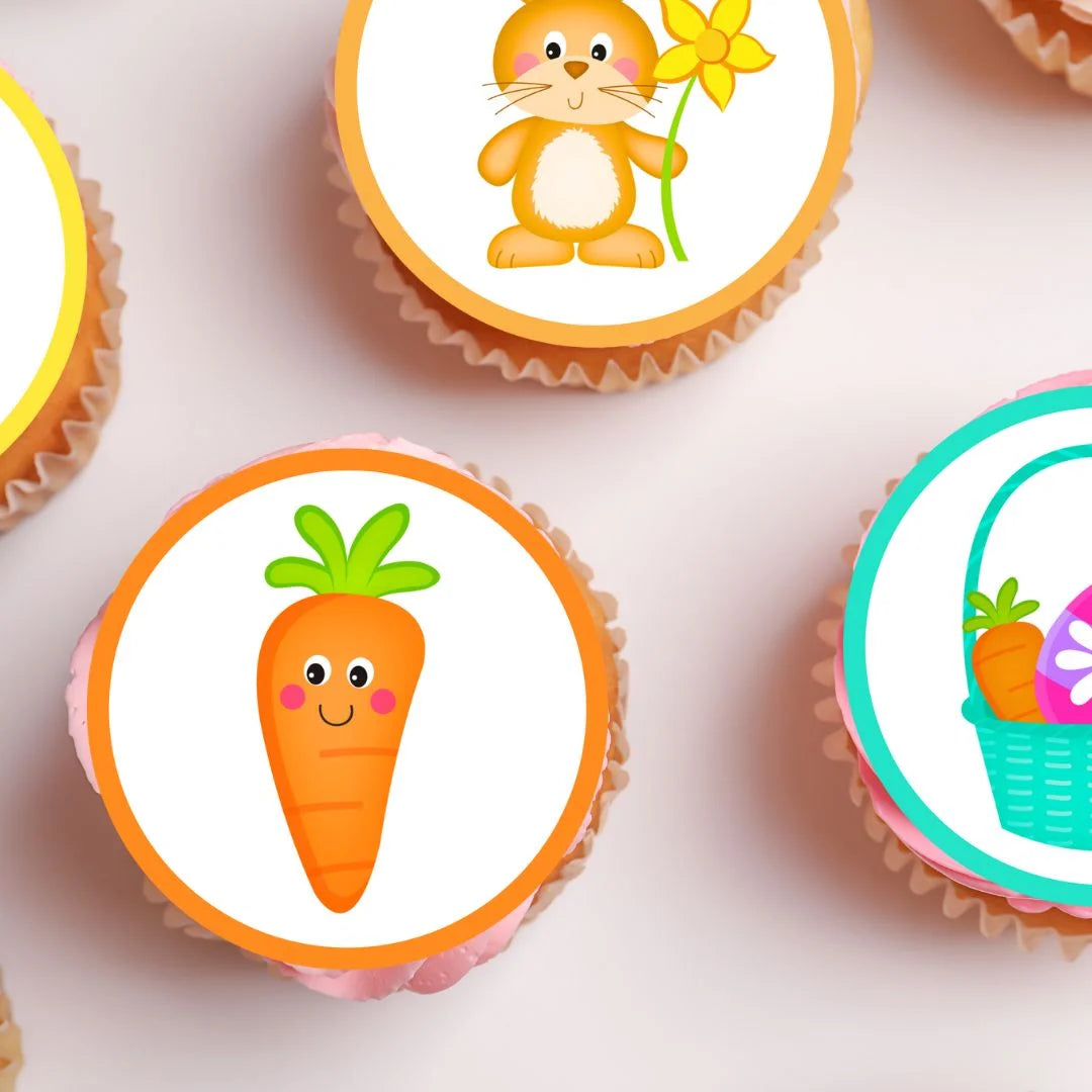 Easter Mix Edible Cupcake Toppers on cupcakes with white frosting